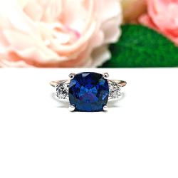 Lab Blue Sapphire Cushion & CZ Round Ring – 9mm, Sterling Silver