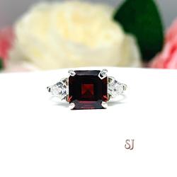 Natural Red Garnet Asscher & CZ Trillions Ring Size 6 – 8mm Center, Sterling Silver