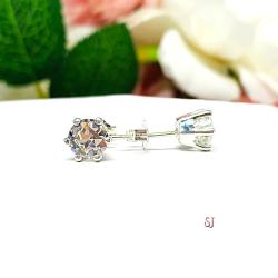 A pair of silver 6-prong stud earrings with 'near colorless' or 'G color' old European cut cubic zirconias. The earrings are on a white background with the left earring facing forward to showcase the 'chunky' facets and the right earring facing to the right displaying the center post and butterfly friction clasps. The text 'SJ' is visible in the lower right corner of the image.
