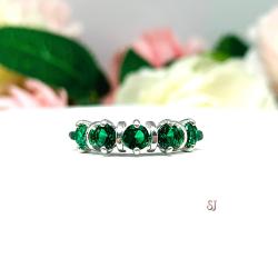 Round-Cut Lab Emerald 5-Stone Ring • 4mm, Sterling Silver, Size 7