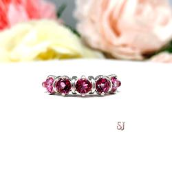 Round-Cut Mystic Pink Topaz 5-Stone Ring • 4mm, Sterling Silver, Size 7