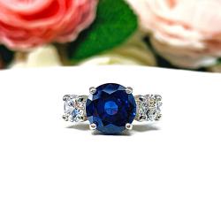 Round-Cut Lab Blue Sapphire & CZ 3-Stone Ring • 9mm Center, Sterling Silver, Size 7