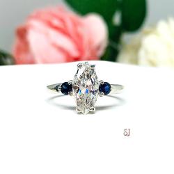 Marquise-Cut CZ & Lab Blue Sapphire 3-Stone Engagement Ring • 12x6mm, Sterling Silver