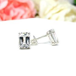 Emerald-Cut Lab White Sapphire Stud Earrings • 8x6mm, Sterling Silver
