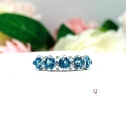 Round-Cut Swiss Blue Topaz 5-Stone Ring • 4mm, Sterling Silver, Size 7