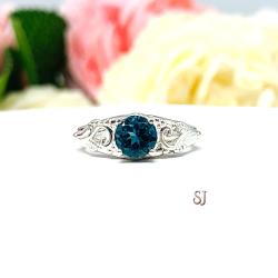 Round-Cut London Blue Topaz Ring • 6mm, Vintage Leaf Design, Sterling Silver, Size 6