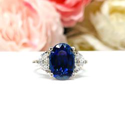 Oval-Cut Lab Blue Sapphire & Half-Moon CZ 3-Stone Ring • 12x8mm, Sterling Silver
