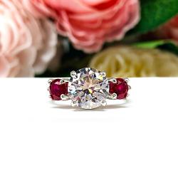 Round-Cut CZ & Lab Ruby 3-Stone Engagement Ring • 6mm—9mm, Sterling Silver