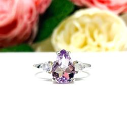 Pear-Cut Rose de France Amethyst & Rainbow Moonstone Ring • 10x7mm, Sterling Silver