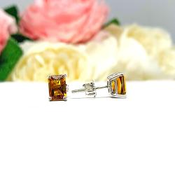Radiant-Cut Amber-Gold Citrine Stud Earrings • 7x5mm, Sterling Silver