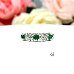 Round Emerald & CZ 5-Stone Ring • 3mm, Sterling Silver, Size 7