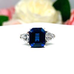 Emerald-Cut Lab Blue Sapphire & Trillion CZ 3-Stone Ring • 10x8mm, Sterling Silver, Size 7.75