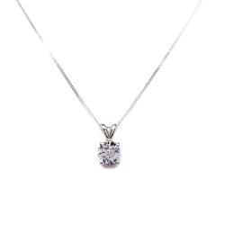 Sterling silver necklace featuring a round mixed-brilliant cut lab-created white sapphire pendant in a 4-prong setting, available in five sizes.