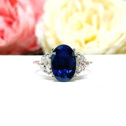 Oval-Cut Lab Blue Sapphire & Half-Moon CZ or Moissanite 3-Stone Ring • 12x8mm, 12x10mm, Sterling Silver