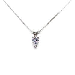 Sterling silver necklace featuring a pear-cut cubic zirconia with brilliant sparkle. The teardrop-shaped stone is inverted, creating a unique and modern look.