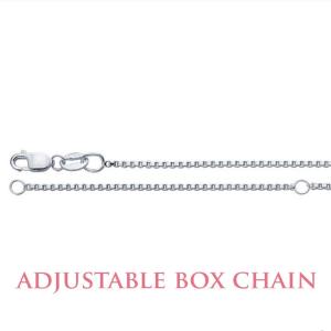 A sterling silver adjustable box chain with a lobster clasp and circular ring for length customization, featuring square-shaped links in a sleek, modern design. The text 'Adjustable Box Chain' appears below the chain.
