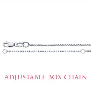 A sterling silver adjustable box chain necklace. The chain is made of small, square links. The necklace is shown in two positions, one with the clasp closed and the other with the clasp open. The text 'ADJUSTABLE BOX CHAIN' is displayed below the image.