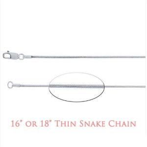 Two sterling silver snake chains, one 16 inches long and the other 18 inches long. The chains are thin and have a delicate design. The text '16' OR 18' THIN SNAKE CHAIN' is displayed below the chains.