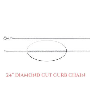 A 24 inch silver diamond-cut curb chain necklace. The chain is made of small, interlocking links that create a diamond-cut pattern. The chain has a spring  clasp.
