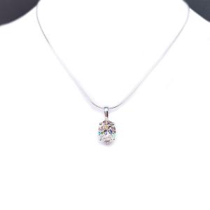 Sterling silver necklace featuring an oval near-colorless cubic zirconia pendant in a four-prong setting with single bail, shown on a sterling silver chain.