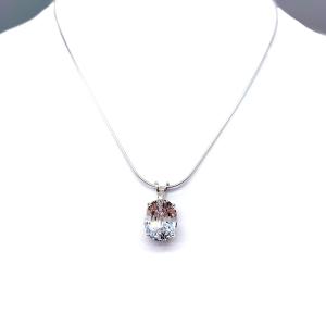 Sterling silver necklace featuring an oval lab-created white sapphire pendant in a 4-prong setting, available in four sizes.