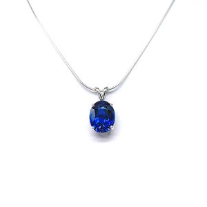 Sterling silver necklace featuring an oval lab-created blue sapphire pendant in a 4-prong setting, available in six sizes.