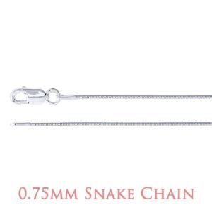 A close-up image of a sterling silver chain with a lobster clasp closure. The chain features a seamed snake design, characterized by tightly interlocked curved metal plates that create a smooth, flexible, and fluid appearance. The surface is highly polished, giving it a mirror-like shine and a sleek, continuous texture. At the bottom of the image, text in a soft rose-colored font reads “0.75mm Snake Chain.”