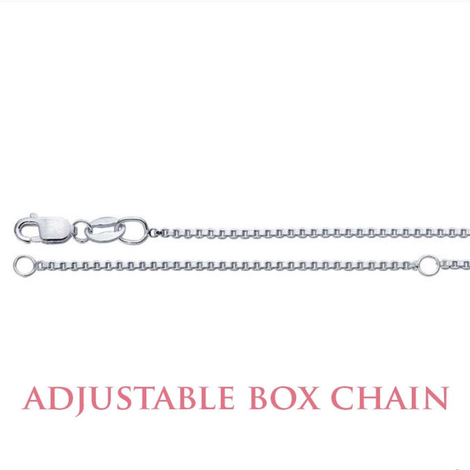 A sterling silver adjustable box chain with a lobster clasp and circular ring for length customization, featuring square-shaped links in a sleek, modern design. The text 'Adjustable Box Chain' appears below the chain.