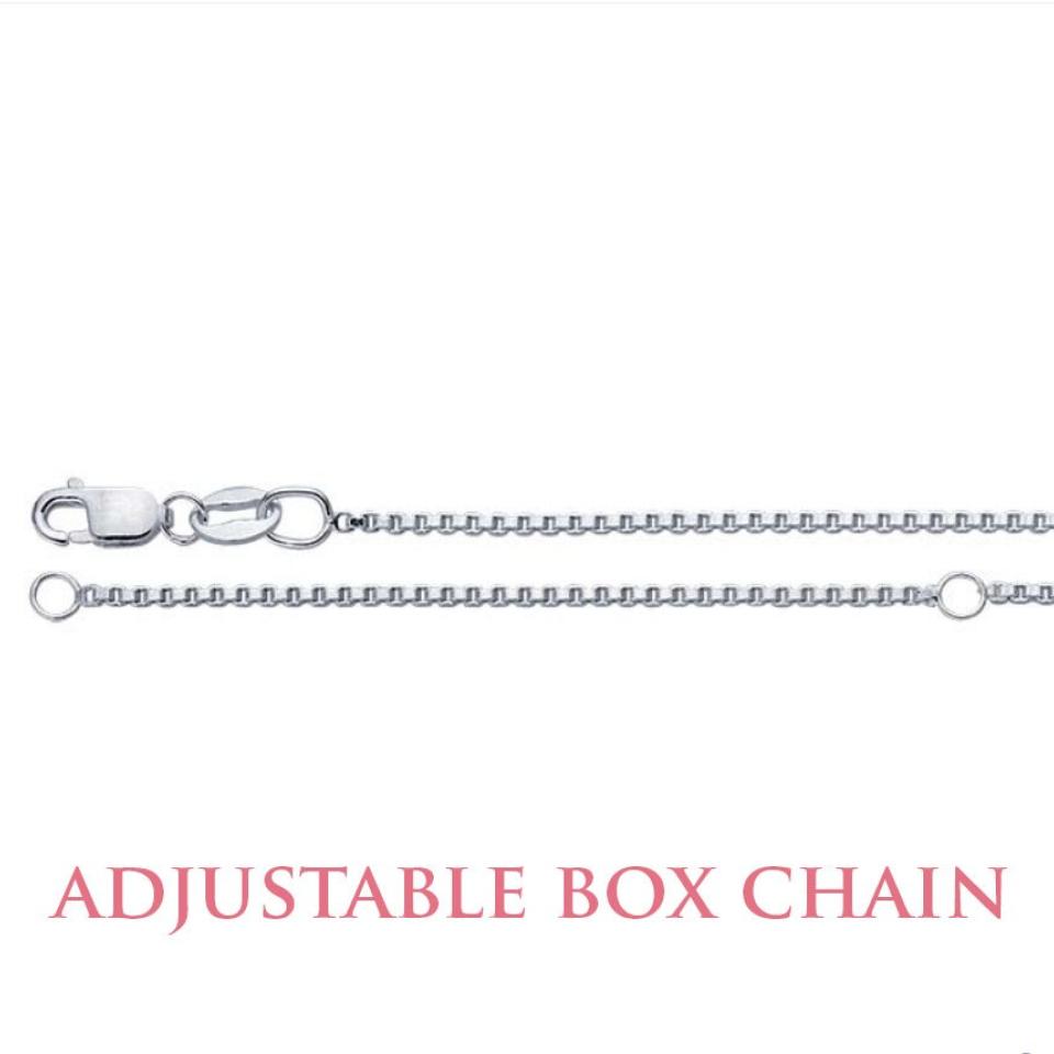 A sterling silver adjustable box chain necklace. The chain is made of small, square links. The necklace is shown in two positions, one with the clasp closed and the other with the clasp open. The text 'ADJUSTABLE BOX CHAIN' is displayed below the image.