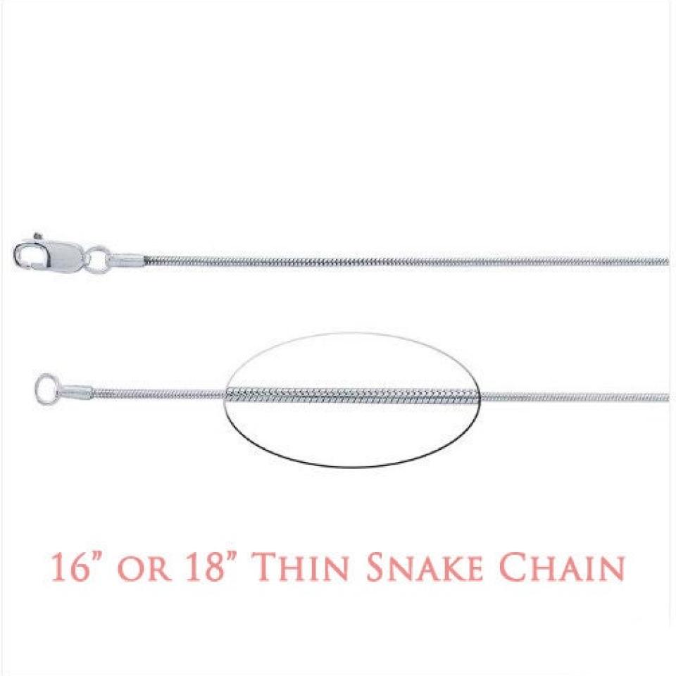 Two sterling silver snake chains, one 16 inches long and the other 18 inches long. The chains are thin and have a delicate design. The text '16' OR 18' THIN SNAKE CHAIN' is displayed below the chains.