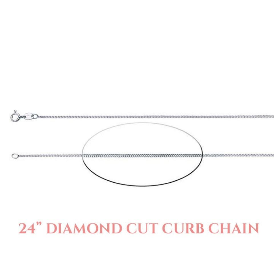A 24 inch silver diamond-cut curb chain necklace. The chain is made of small, interlocking links that create a diamond-cut pattern. The chain has a spring clasp.