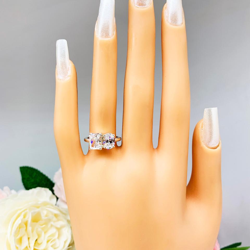 Oval-Cut & Radiant-Cut CZ Engagement Ring • You and Me, Sterling Silver, Size 6