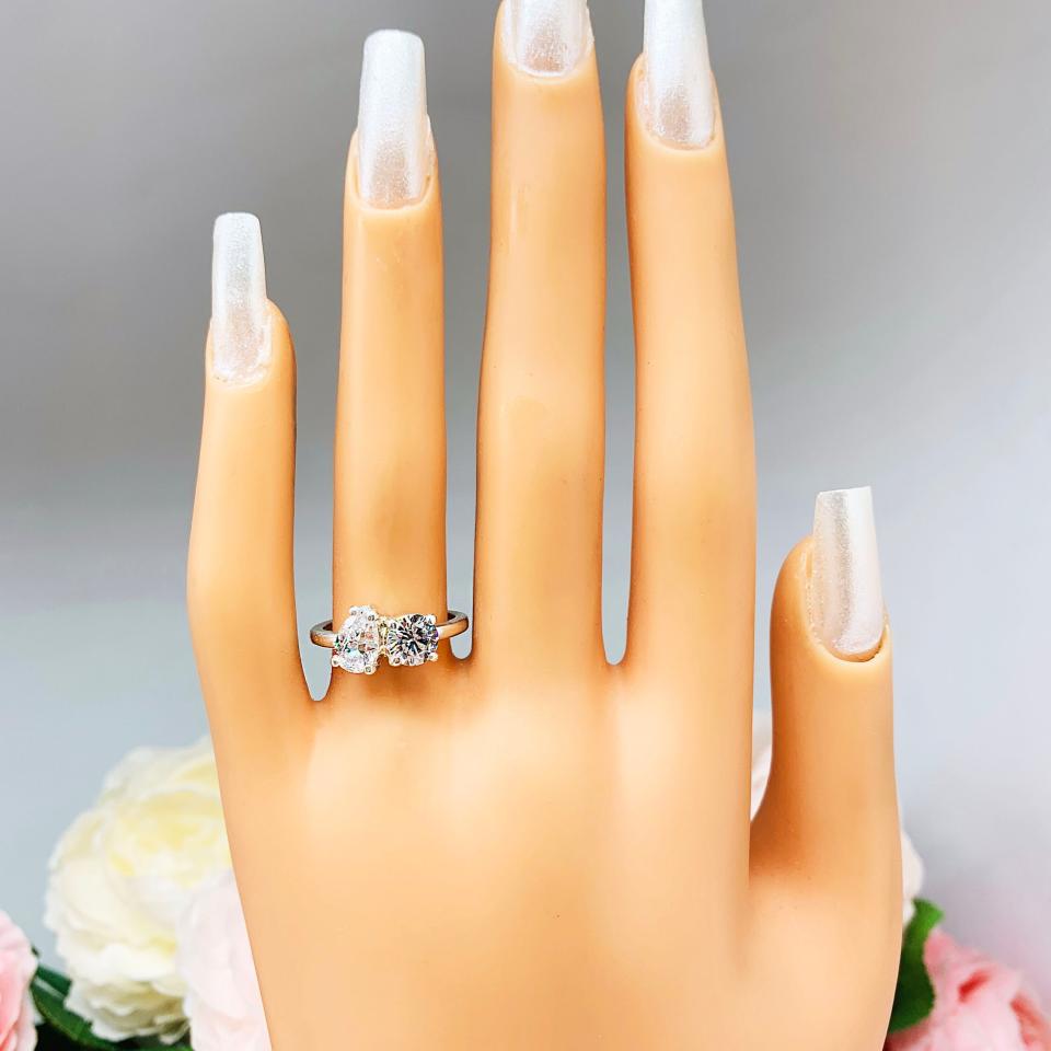 Pear-Cut & Round-Cut CZ Engagement Ring Size 6 – You and Me, Sterling Silver