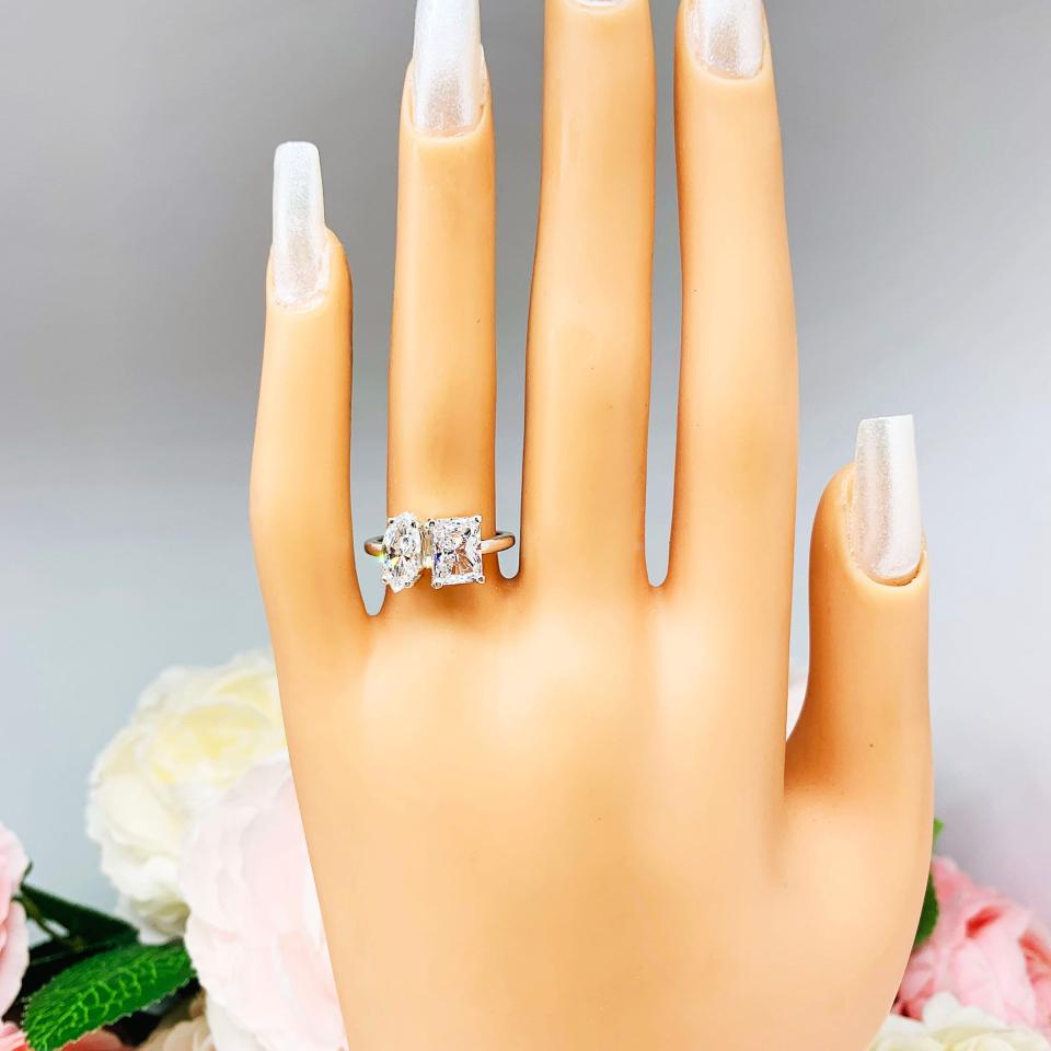 Marquise-Cut & Radiant-Cut CZ Engagement Ring Size 6 – You and Me, Sterling Silver