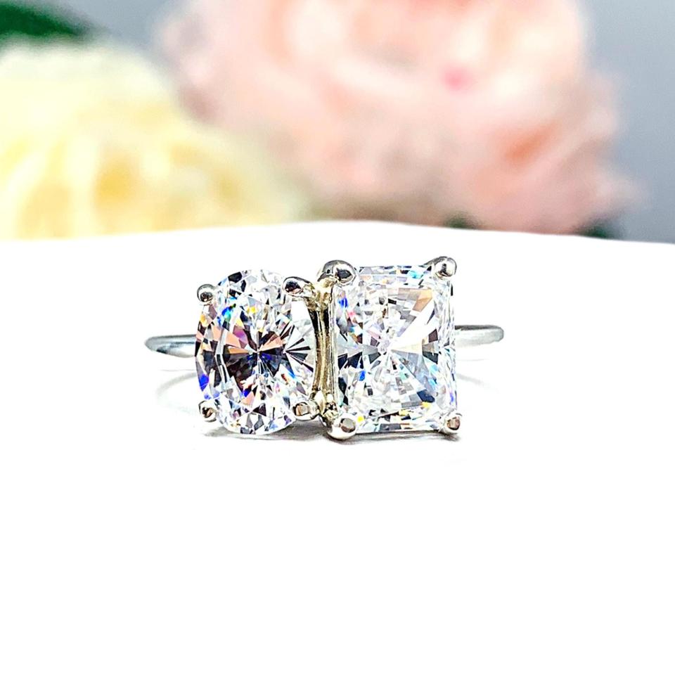 Oval-Cut & Radiant-Cut CZ Engagement Ring • You and Me, Sterling Silver, Size 6