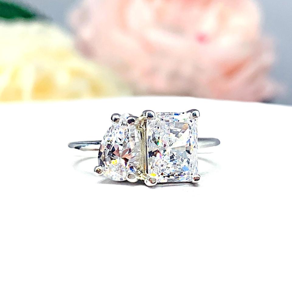 Pear-Cut & Radiant-Cut CZ Engagement Ring Size 6 – You and Me, Sterling Silver