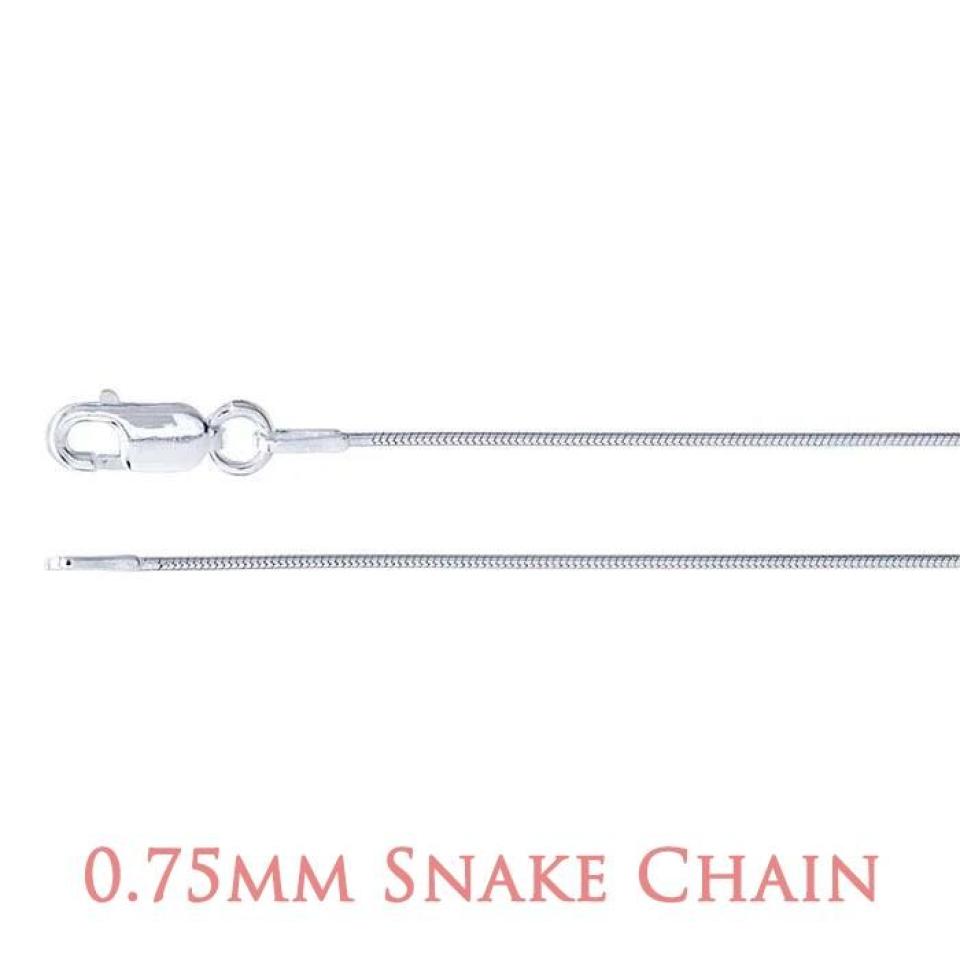 A close-up image of a sterling silver chain with a lobster clasp closure. The chain features a seamed snake design, characterized by tightly interlocked curved metal plates that create a smooth, flexible, and fluid appearance. The surface is highly polished, giving it a mirror-like shine and a sleek, continuous texture. At the bottom of the image, text in a soft rose-colored font reads “0.75mm Snake Chain.”