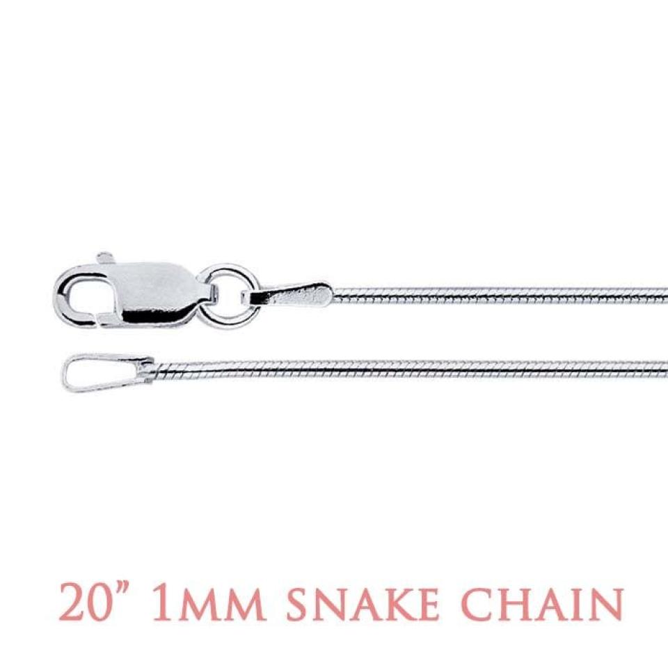 A close-up image of a sterling silver chain with a lobster clasp closure. The chain features a seamed snake design, characterized by tightly interlocked curved metal plates that create a smooth, flexible, and fluid appearance. The surface is highly polished, giving it a mirror-like shine and a sleek, continuous texture. At the bottom of the image, text in a soft rose-colored font reads “20" 1mm Snake Chain.”