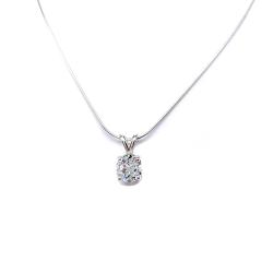 Sterling silver necklace featuring a round-cut white topaz pendant in a four-prong setting, suspended from a delicate silver chain. The natural gemstone is available in six size options and displays brilliant sparkle against a white background.