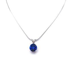 Sterling silver necklace featuring a round lab-created blue sapphire pendant in prong setting, available in six sizes.
