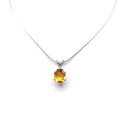 Sterling silver necklace with a 10x8mm oval-cut golden citrine pendant in a 6-prong setting, displayed against a white background.