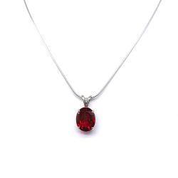 Sterling silver necklace featuring a lab-created oval ruby pendant in a four-prong setting, available in six sizes and shown on a sterling silver chain.