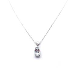 Close-up of a sterling silver necklace featuring a pear-cut white topaz pendant in prong setting. Natural gemstone with three size options.