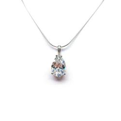 Sterling silver necklace featuring a faceted pear-cut near colorless cubic zirconia pendant in a minimalist setting, available in four sizes and shown on a sterling silver chain.