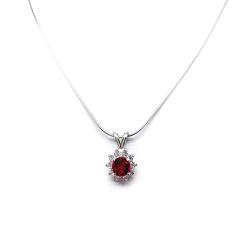 Sterling silver halo pendant necklace featuring a round vivid deep red lab ruby center stone (5mm–8mm), surrounded by small CZs in a floral-inspired setting on a delicate silver chain.