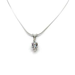 A delicate sterling silver chain suspends a near colorless marquise-cut 12x6mm cubic zirconia pendant against a white background.