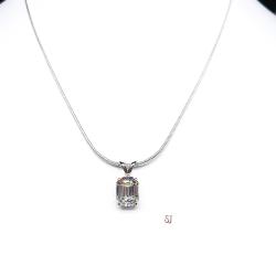 Emerald-cut near colorless cz sterling silver pendant faceted in an asscher style, suspended from a delicate chain and set against a white background.