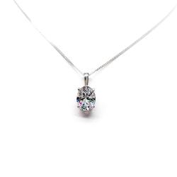 Sterling silver necklace featuring an oval cubic zirconia pendant in a four-prong setting with single bail, shown on a sterling silver chain.