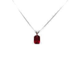 Sterling silver necklace featuring a 9x7mm emerald-cut lab-created ruby pendant in a 4-prong setting.