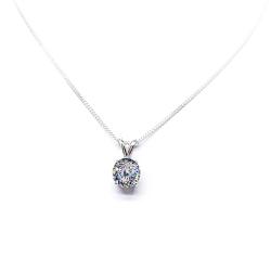 Sterling silver pendant necklace featuring a round, colorless Portuguese‑cut cubic zirconia set in a classic four‑prong mounting. The pendant hangs from a fine silver chain and is photographed against a bright white background to highlight the stone’s brilliance and fire.